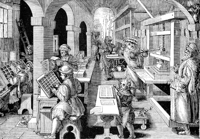 Workshop of printing office in 16th century - reproduction by © Norbert Pousseur