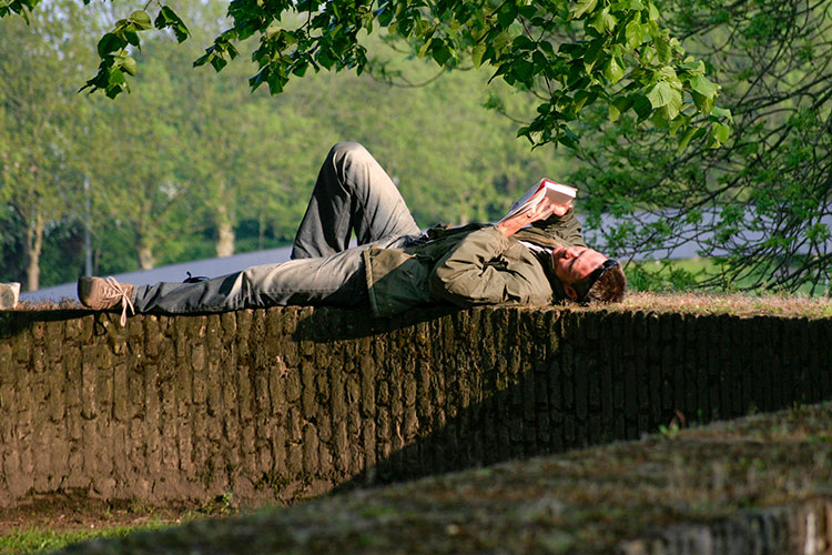 Lire dans la détente sur un mur  -  © Norbert Pousseur